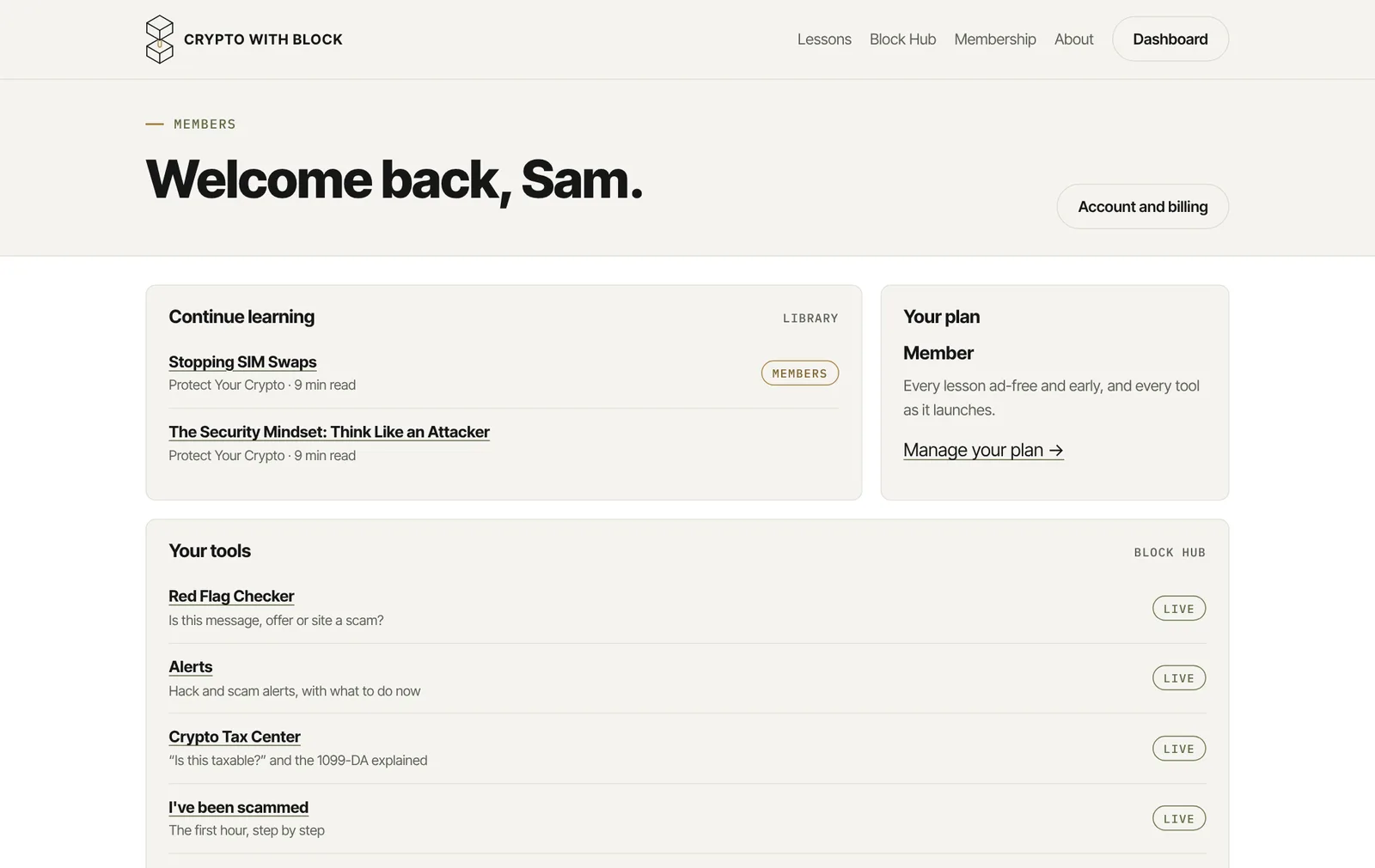 Member dashboard: continue learning, your plan and your tools